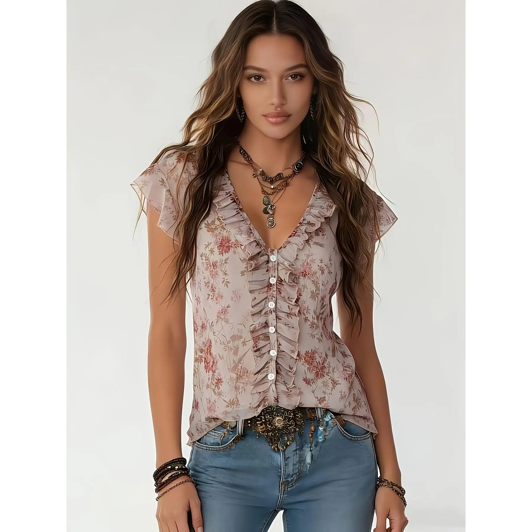 Vintage Floral Ruffled Collar Short-Sleeve Chiffon Blouse