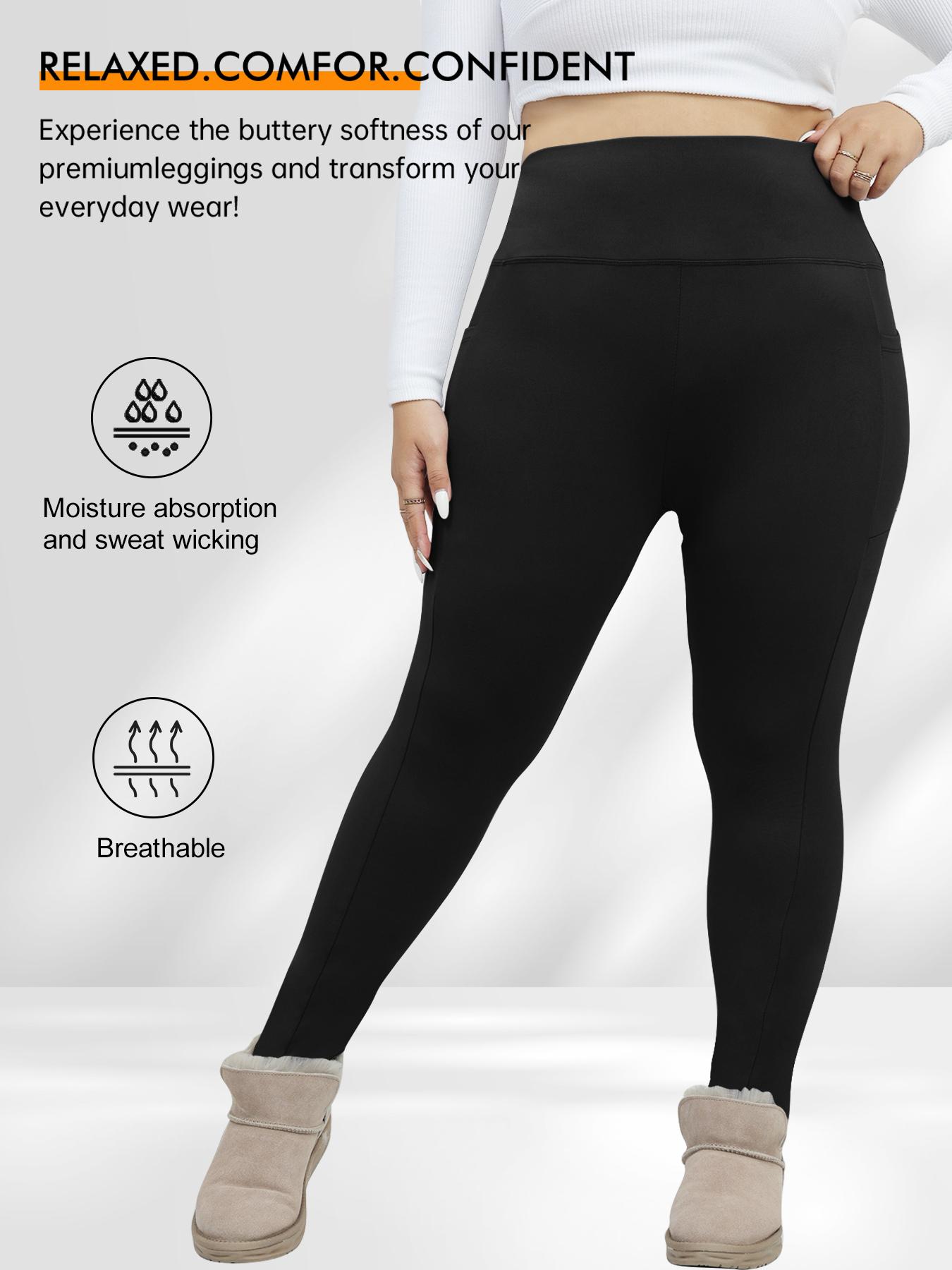 Women's Plus Size High-Waist Fleece-Lined Leggings, Thermal Stretchy Winter Pants with Pockets, Warm for Daily Wear
