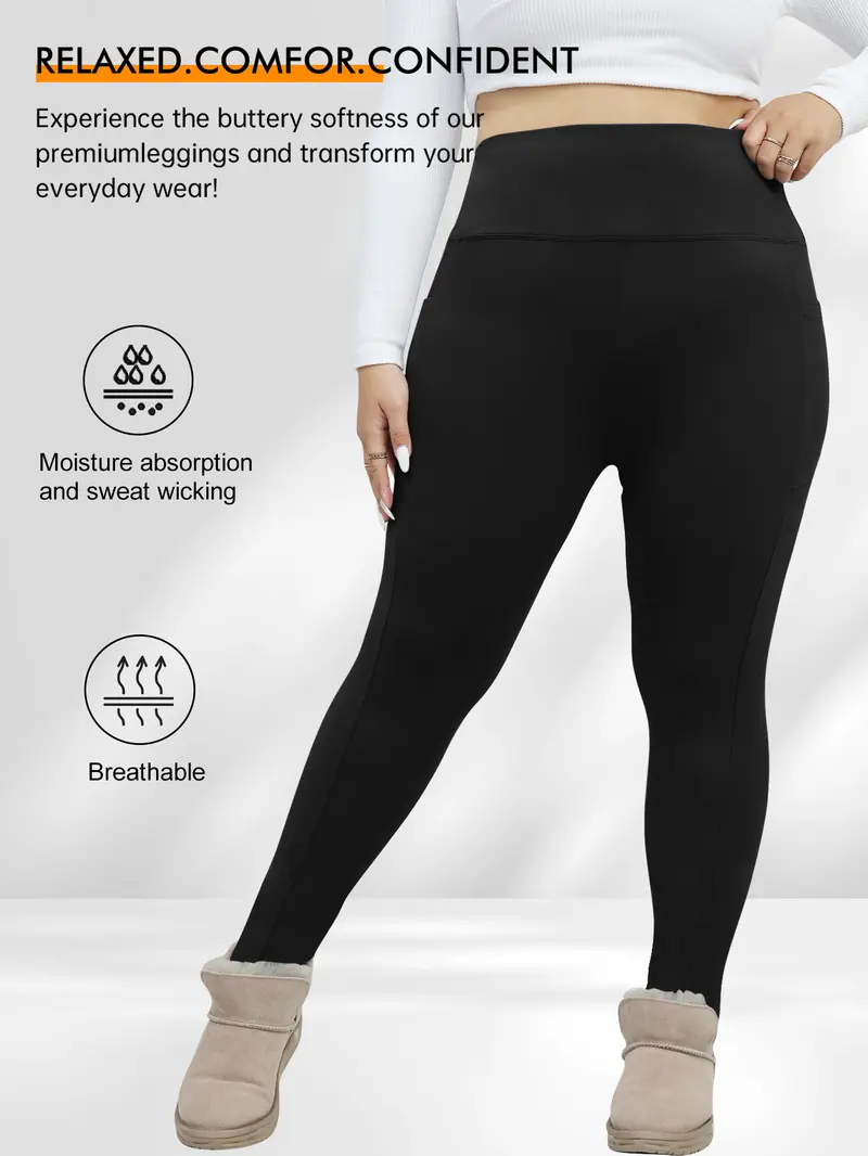 Women's Plus Size Tight Pants, High Waist Abdominal Control, Side Pockets, High Elasticity, Warm Comfort, Multi-Scene Use