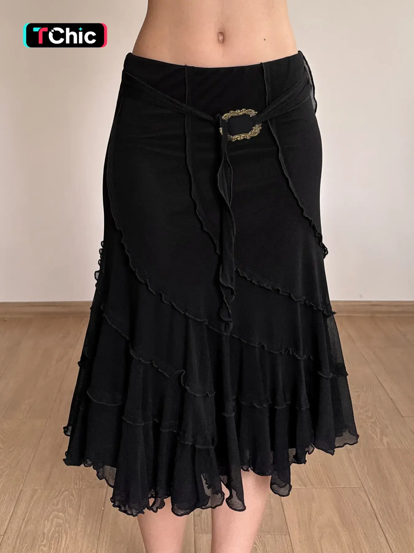 Vintage Metal Buckle Belted Low Waist Mesh Layered Skirt, Elegant Office Style Rolled Hem Loose A-Line Midi Skirt for Women
