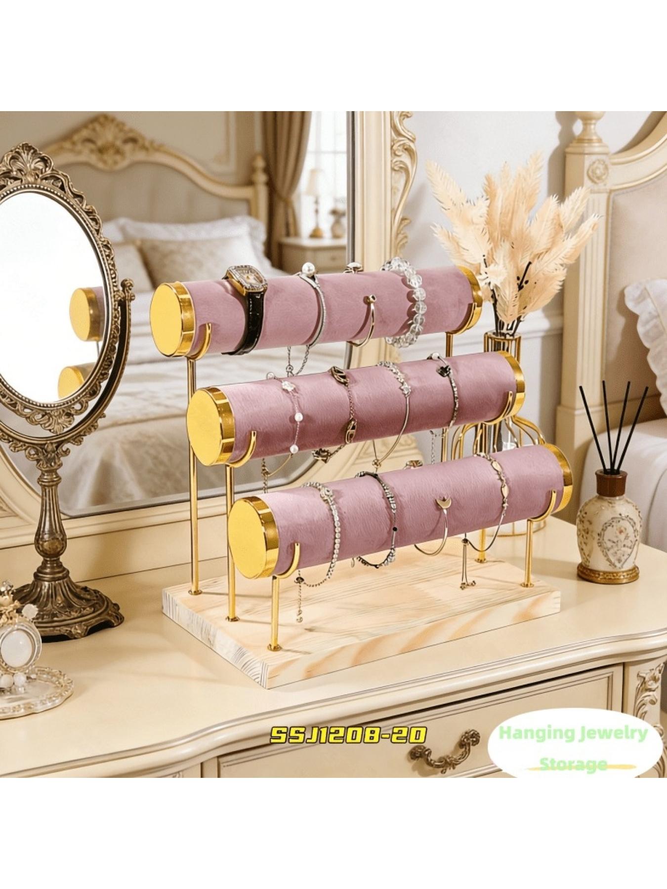 1 Pack 3-Layer Velvet Bangle Bracelet Stand with Detachable Rod Travel Home Jewelry Hanging Organizer for Bangles and Watches Beige Pink