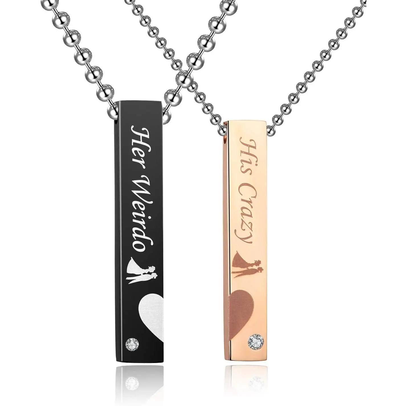 His & Hers Matching Set Stainless Steel His Crazy Her Weirdo Heart with Heart Couple Bar Pendant Necklace