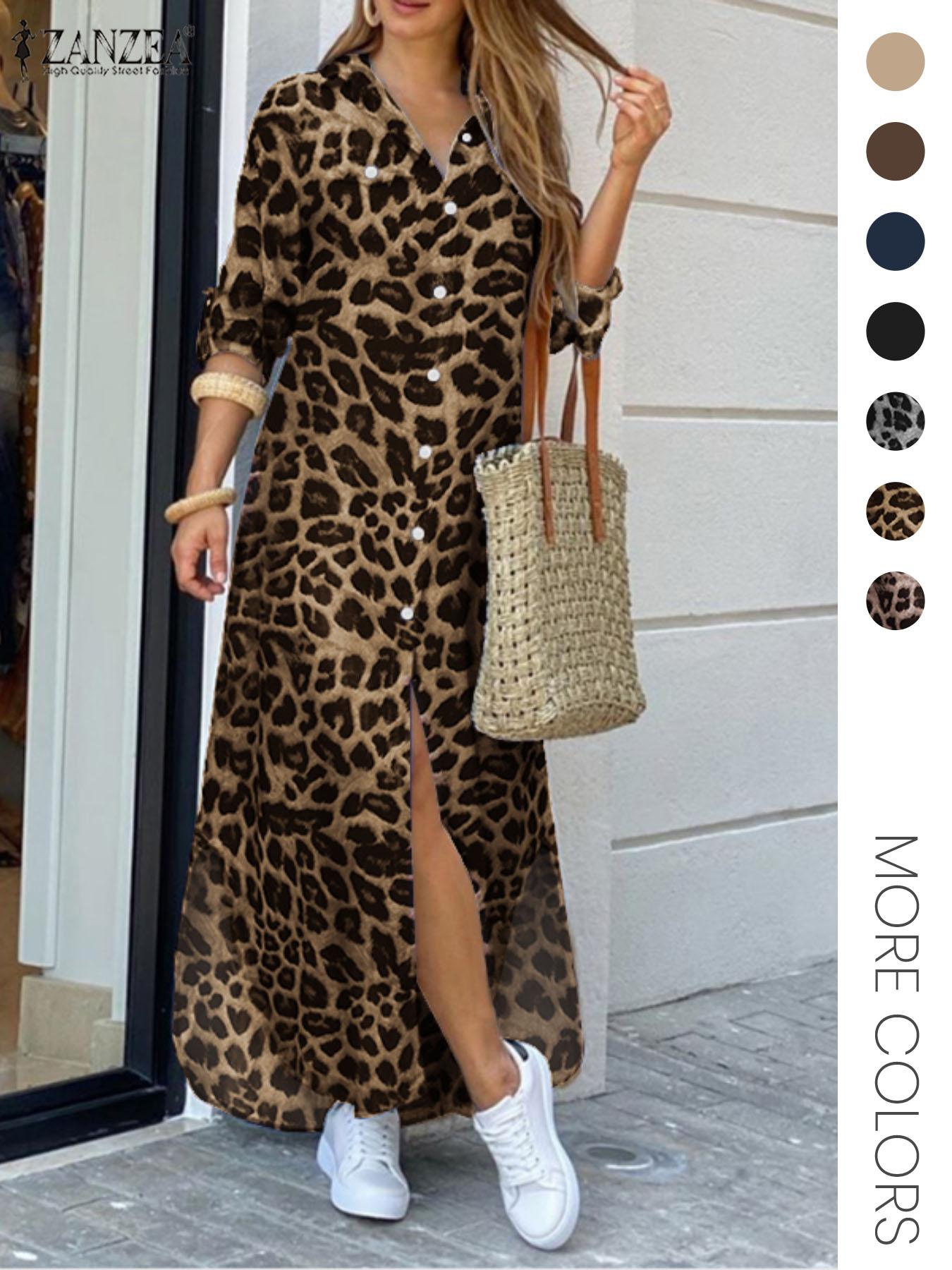 Women's Leopard Print Button Front Flap Pocket Shirt Dress, Casual Curved Hem Long Sleeve Collared Long Dress for Daily Wear, Ladies' Clothes for All Seasons