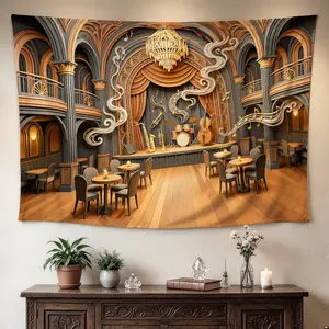 Vintage Jazz Club Music Stage Wall tapestry Large size Printed Horizontal Tapestry blanket Polyester Fabric Wall Hanging for living room bar No Installation Required Indoor Outdoor Gift for Family and Friends