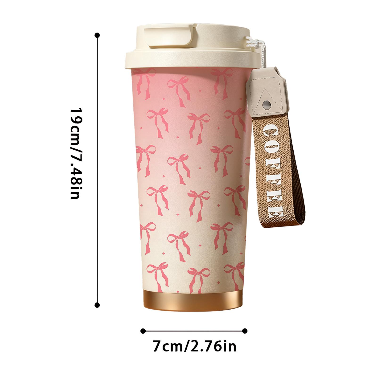 1 Pc insulated mug pink bow ribbon vacuum cup, Vacuum insulated flask, double wall stainless steel leak-proof travel coffee tumbler, tumbler for hot cold drinks, keeps warm 12 h/cold 24 h, 18oz pink thermal mug for women, holiday gift