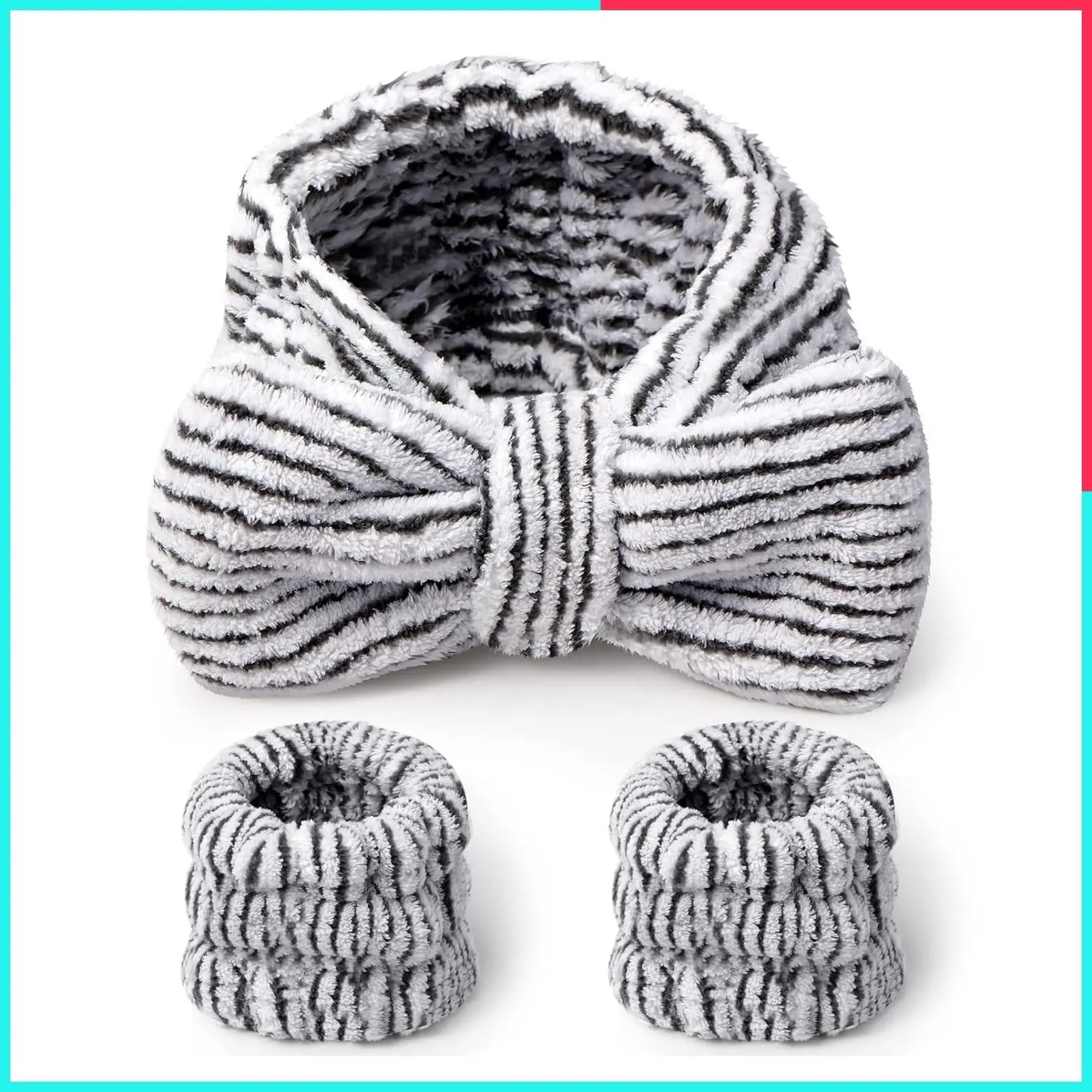 3 Pcs Spa Headband and Wristbands Set for Washing Face, Makeup, and Skincare – Soft Hair Band & Skin Care Accessories, Gifts for Women, Light Stripes