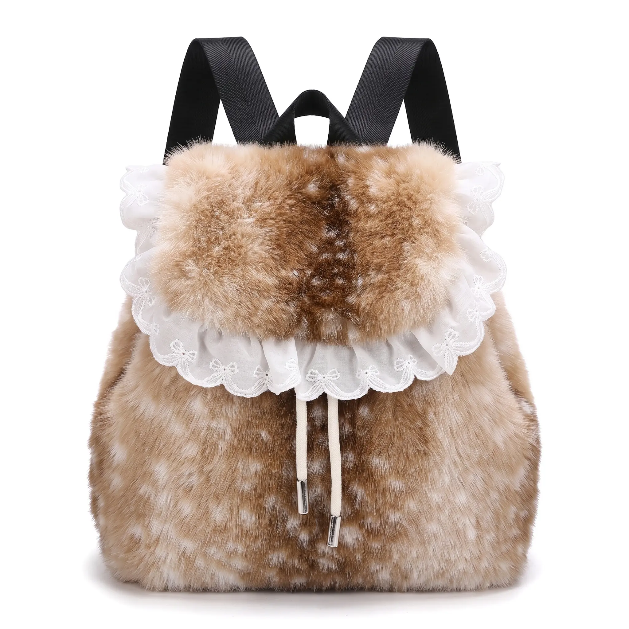Plush Deer Pattern Backpack, Soft Plush Outer, Drawstring Closure, Interior Zip Pocket and Slip Pocket for Youth, Daily Outfits, School, Travel, and Casual Wear, Small Daypack