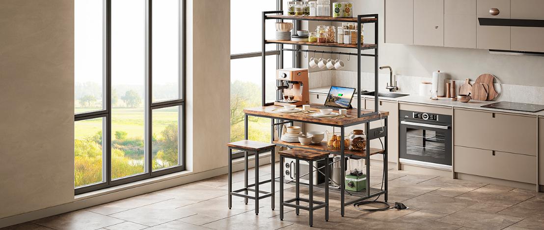 IRONCK Kitchen Island with 2 Stools, Bakers Rack with Power Outlet, Large Kitchen Island Table with Shelves, Coffee Bar Table Set for Kitchen Dining Room, 10 Hooks