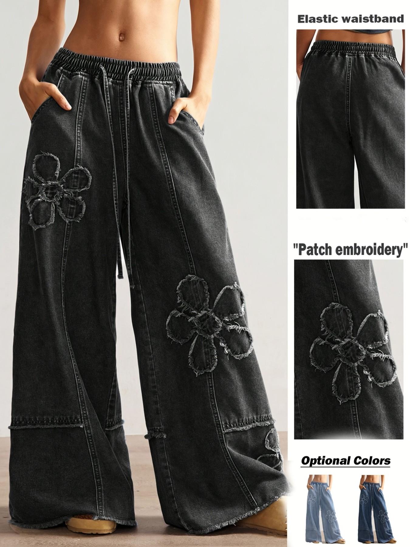 Boho Style Women's Casual Solid Wide Leg Jeans, Loose Fit Denim Jeans with Embroidery Pattern, Comfortable and Stylish Everyday Wear