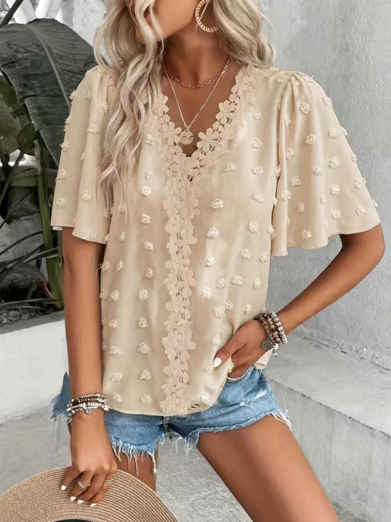 Women's Elegant Swiss Dot Butterfly Sleeve Lace Trim Shirt, Short Sleeve Commuter Top, Loose-Fit Casual Light Summer Blouse for Everyday Wear