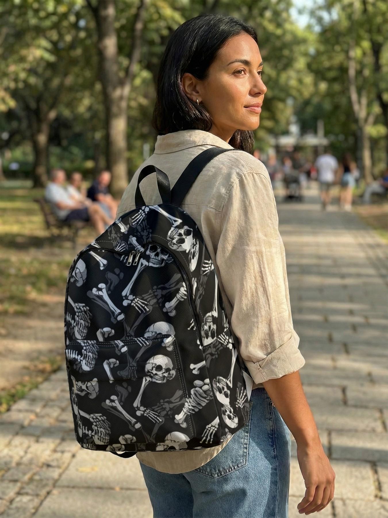 Skull Print Backpack, Fun Design, Fashionable Look, Spacious Storage, Ideal for School, Travel, Business Trips, All Seasons Use, Casual Printed Backpack