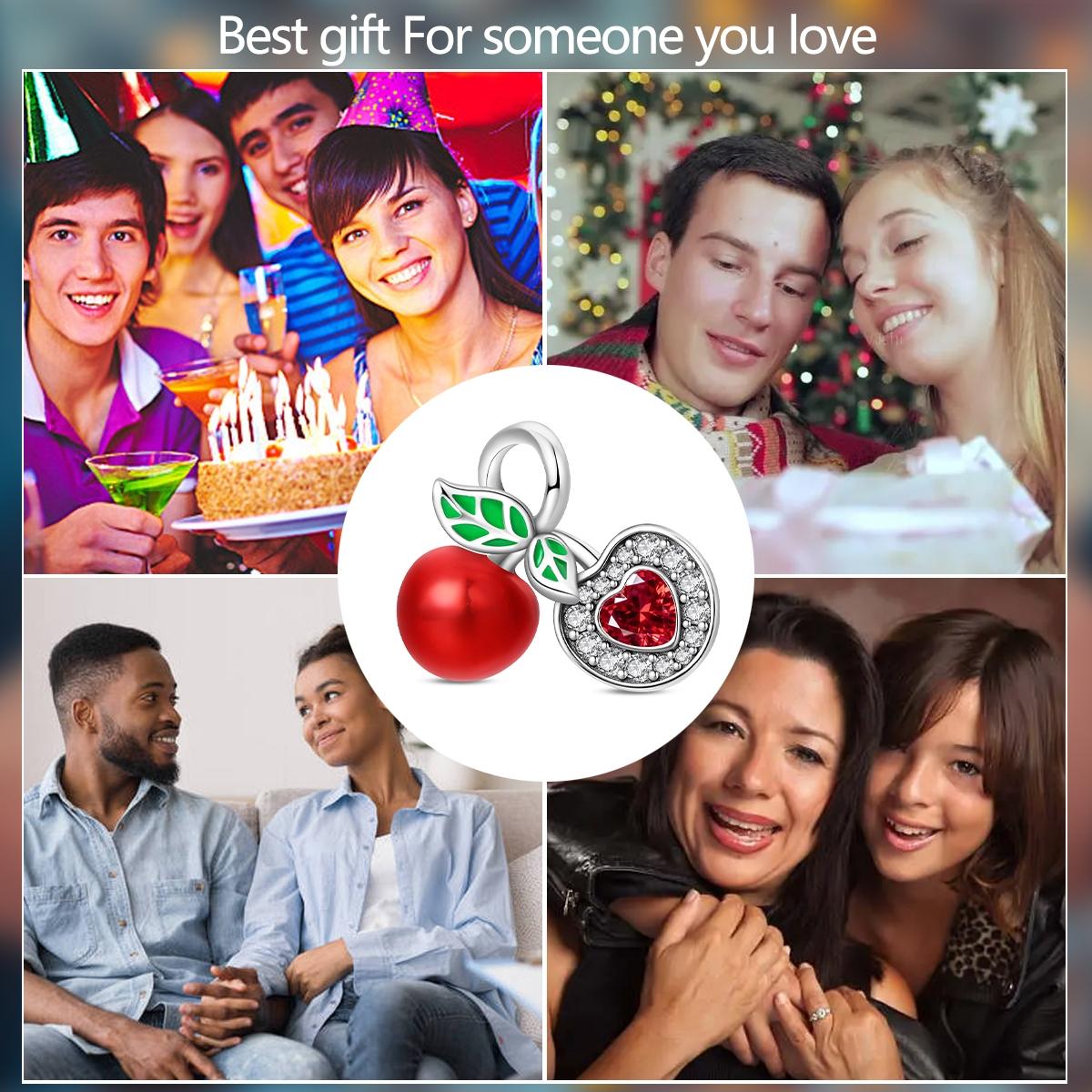 Cherry & Heart Dangle Charm, Ruby & Leaf Enamel, Cute Fruit Jewelry for Pandora Bracelet, Elegant Accessory for Women