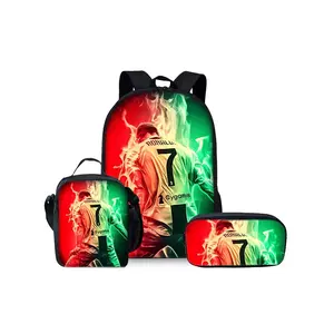 Football Player Pattern Printed 17-inch Backpack for School Three-piece Set (Single-layer Backpack + Shoulder Strap Lunch Bag + Single-layer Pencil Bag)