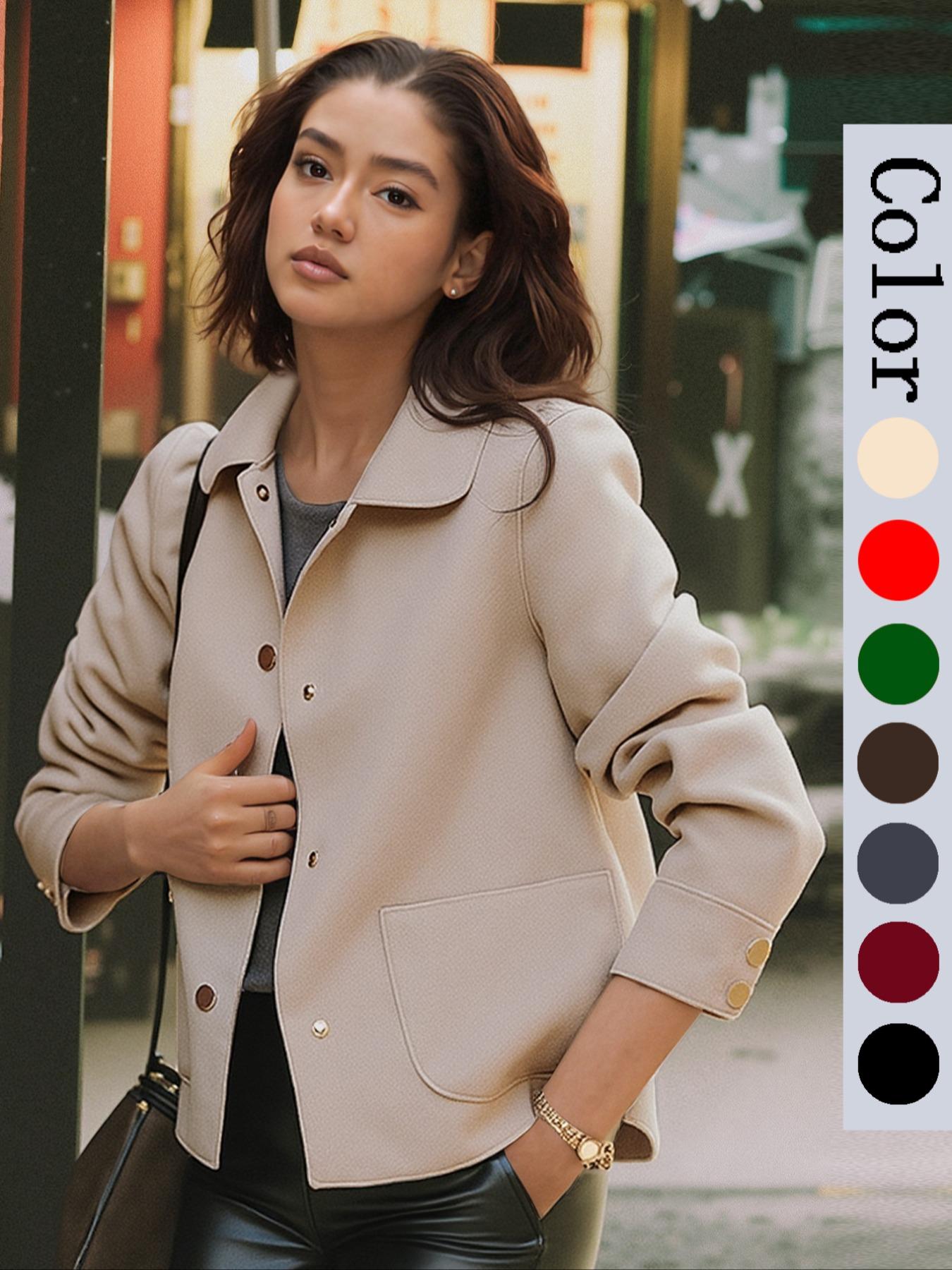 Women's Solid Button Front Pocket Pea Coat Jackets, Elegant Long Sleeve Collared Outerwear for Spring & Fall, Ladies Clothes for Daily Wear