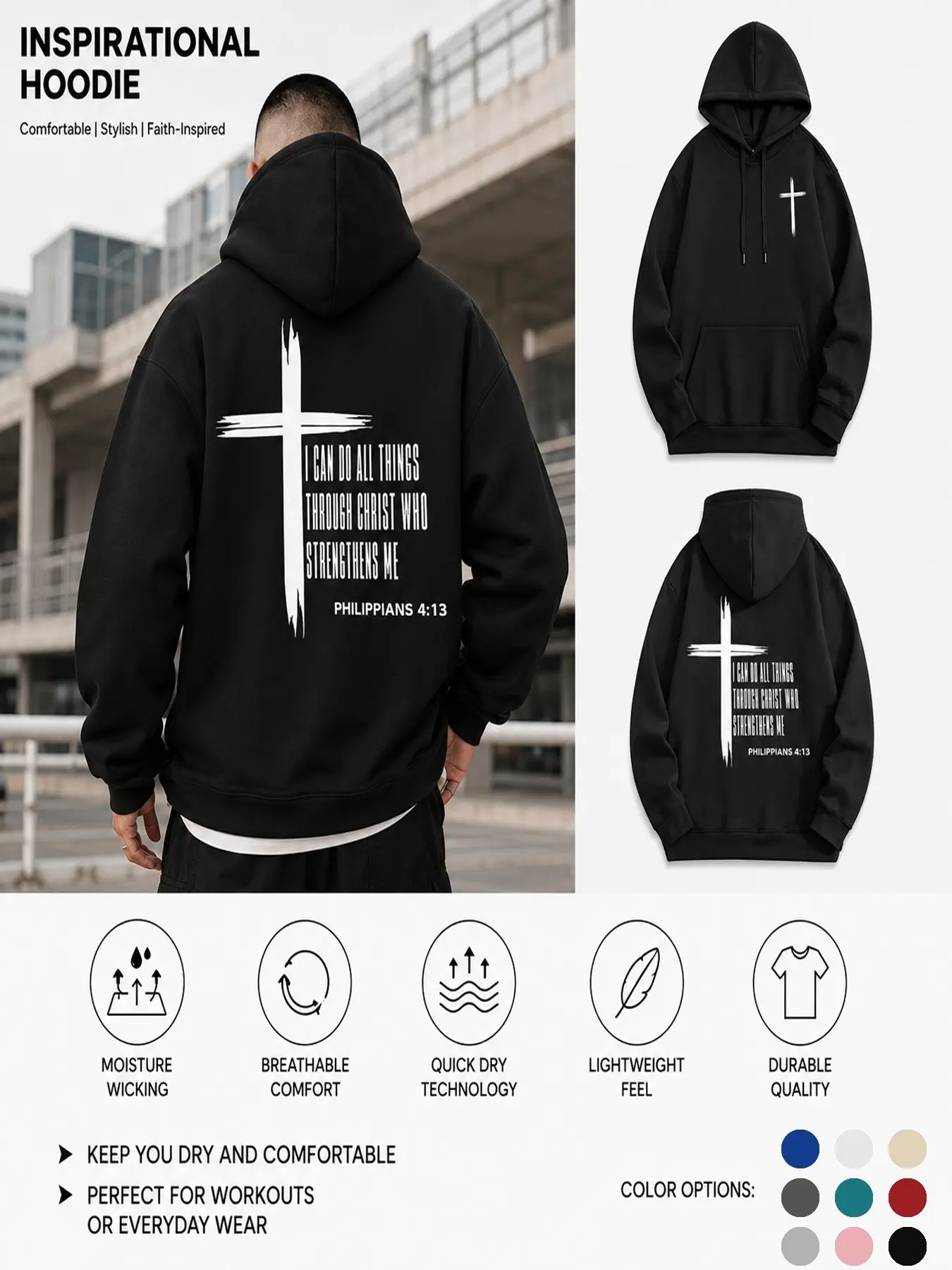 TD Fall Winter Casual Men's Hooded Sweatshirt, Cross Pattern Letter Print, Long Sleeve Fitted Street Style, Graphic Pullover