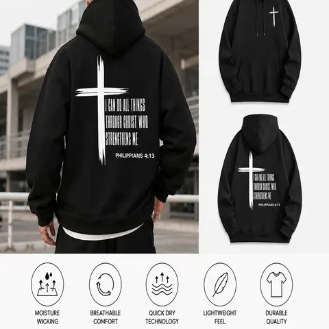 TD Fall Winter Casual Men's Hooded Sweatshirt, Cross Pattern Letter Print, Long Sleeve Fitted Street Style, Graphic Pullover, Graphic Hoodies