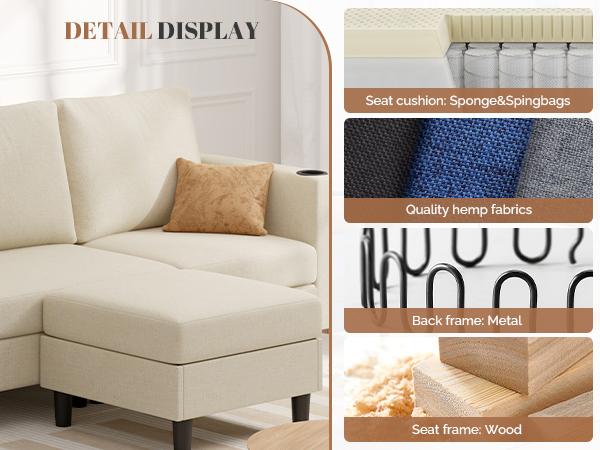 Upholstered Sectional Sofa and Couches, 78'' L Shaped 3-seat Sofa for Living Room, Apartment, Lounge,Bedroom-Washable Covers Convertible Sofas(Linen Fabric, Beige)