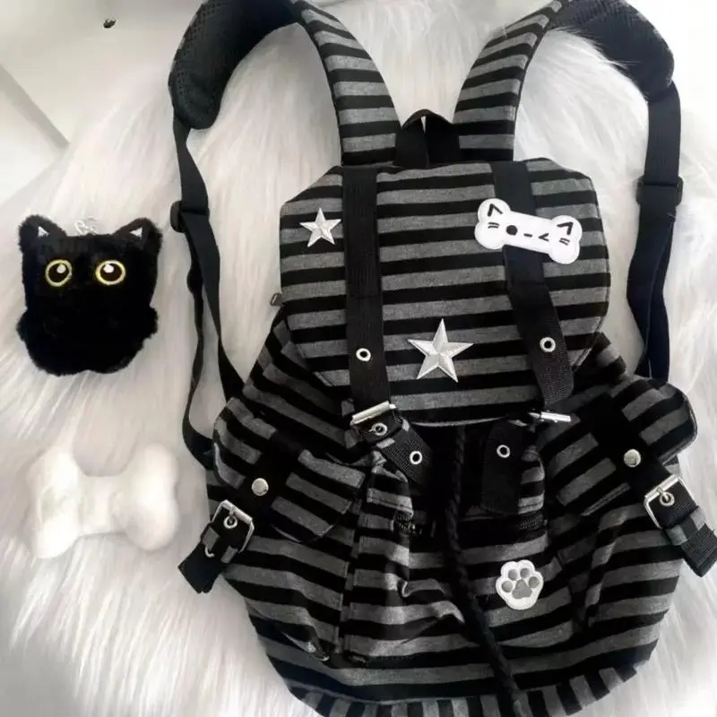 Unisex Retro Y2K Gothic Punk Backpack, Water Resistant Multi-Pocket Large Capacity School Backpack, Cat Paw Bone Star Colorblock Striped Leisure Bag Random White