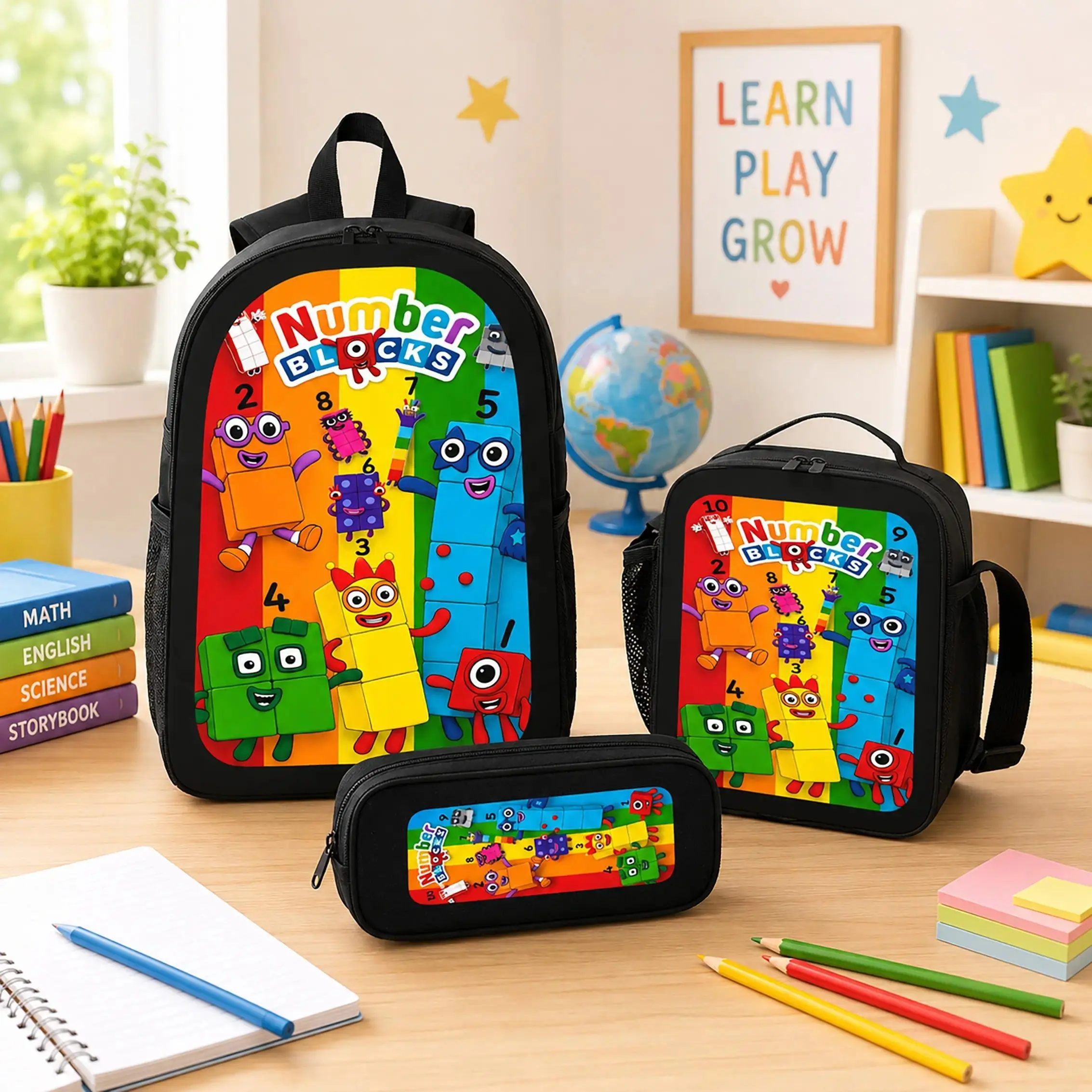 Numberblocks Backpack 3 Piece Set Pencil Case Lunch Bag Polyester Lightweight Large Capacity Breathable Backpack Bookbag Travel Daypack For Boys Girls Toddler Kindergarten Elementary Cartoon Anime Gift