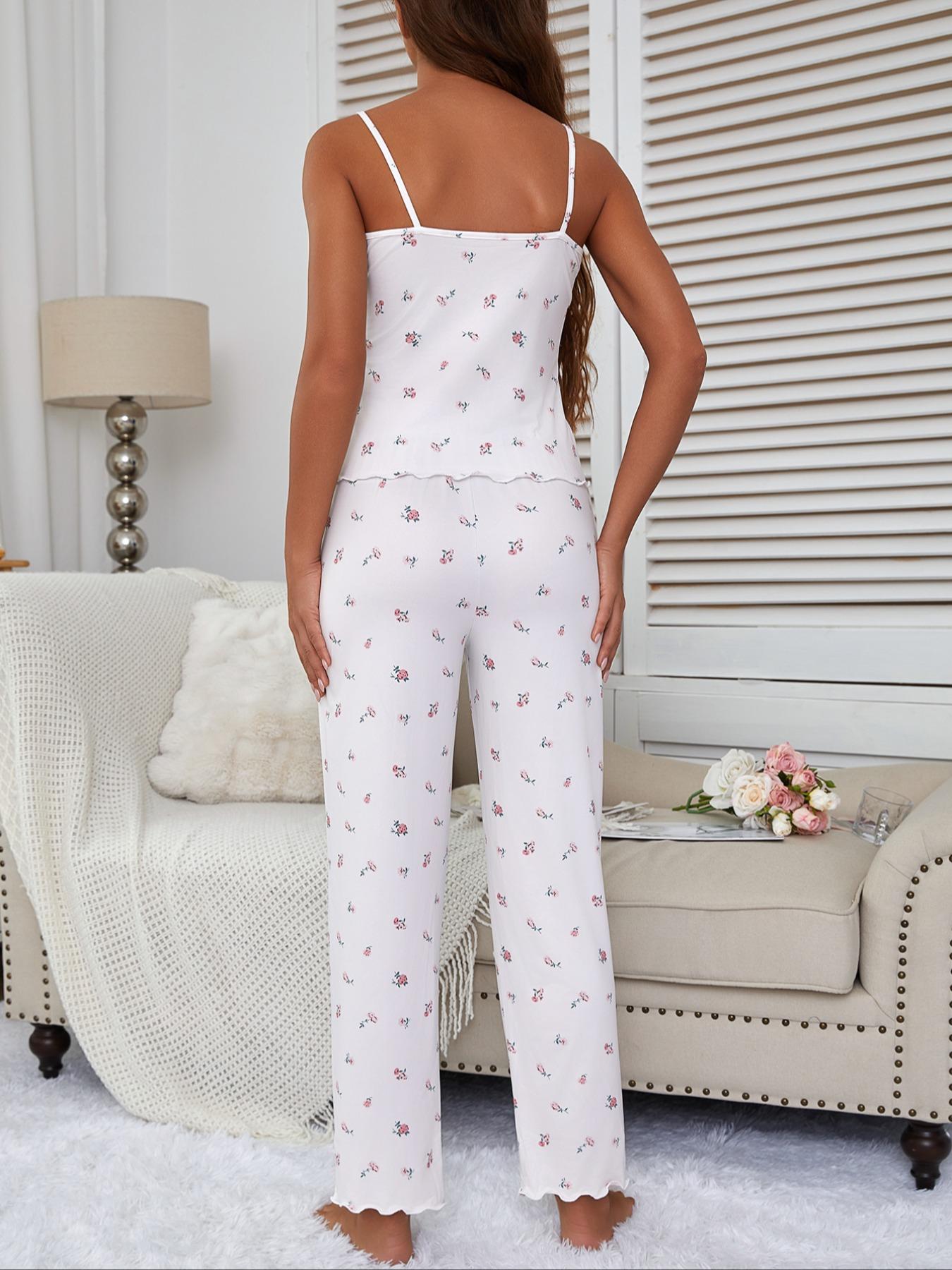Women's Floral Print Robe Set with Spaghetti Strap Pants, Comfortable Casual Home Wear, All-Season Fitted Sleepwear Collection, Loungewear