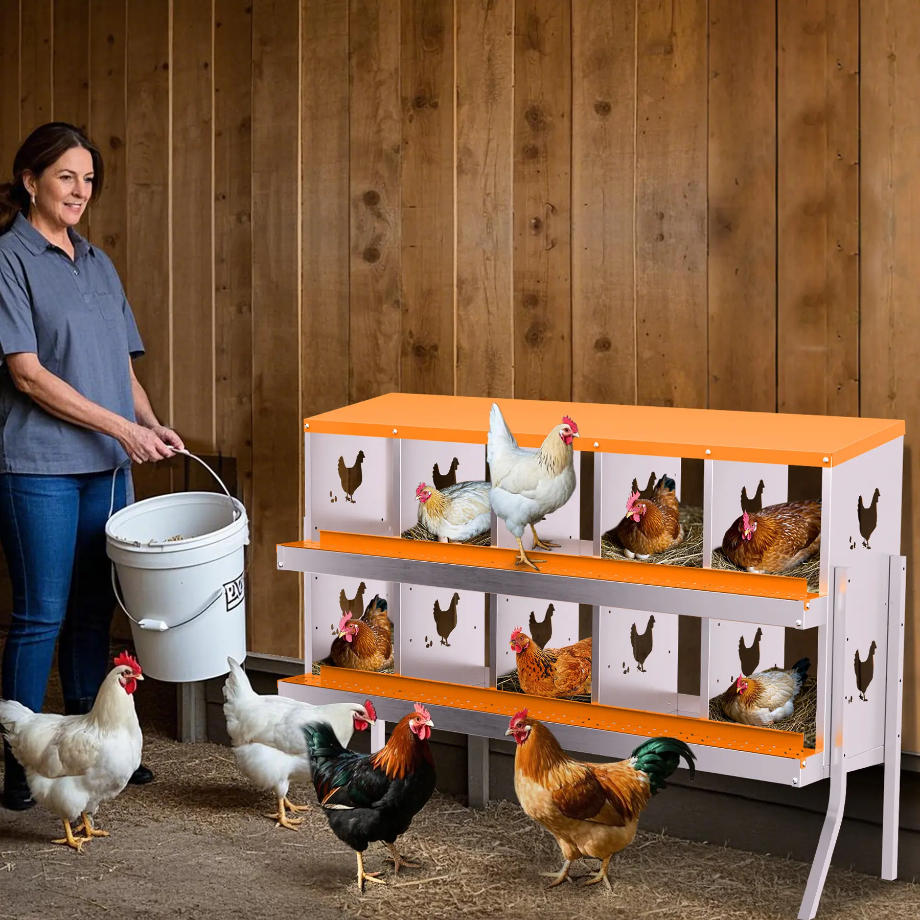 Garvee Roll-Away Multi-Compartment Chicken Nesting Boxes - 6/10-Hole Galvanized Metal Egg Laying Set with Perch, Ventilated Lid & Easy Egg Collection Functionality