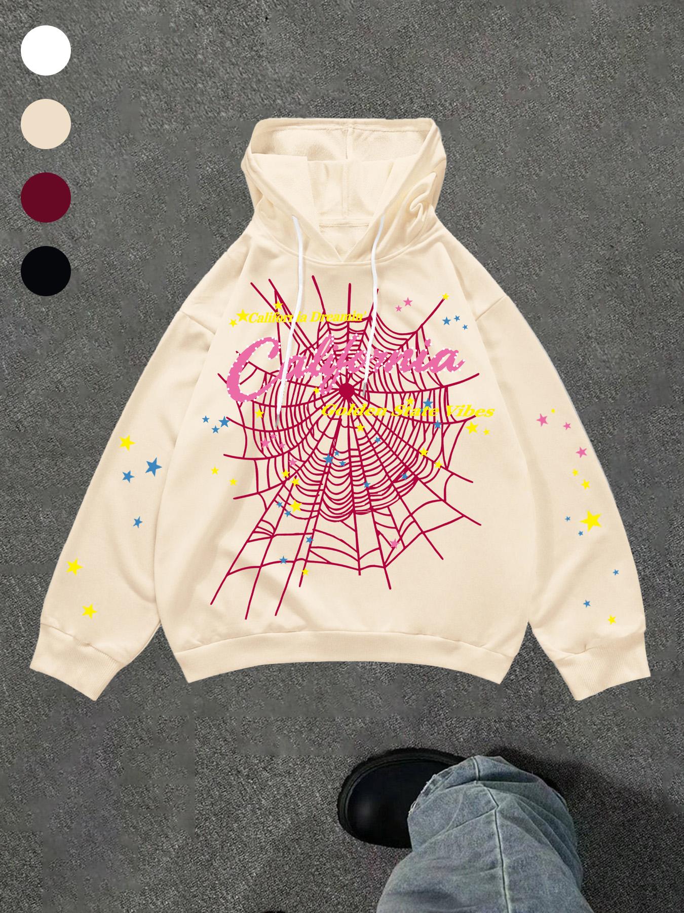 Men's Hooded Sweatshirt, Spider Web Pattern, Letter Print, Colorful Stars, Street Punk Style, Casual Fitted, Fall & Winter, Graphic Hoodie