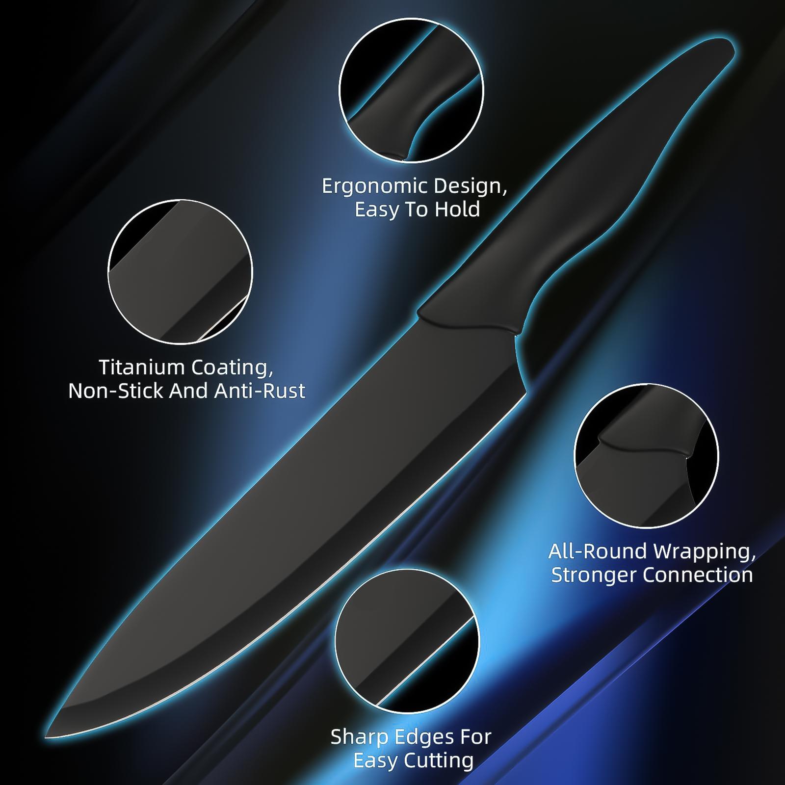 XBJ Knife Set with Knife Block, 15-Piece Rainbow Titanium Knife Block Set, Cooking Steak Knife Set with Black Handles.