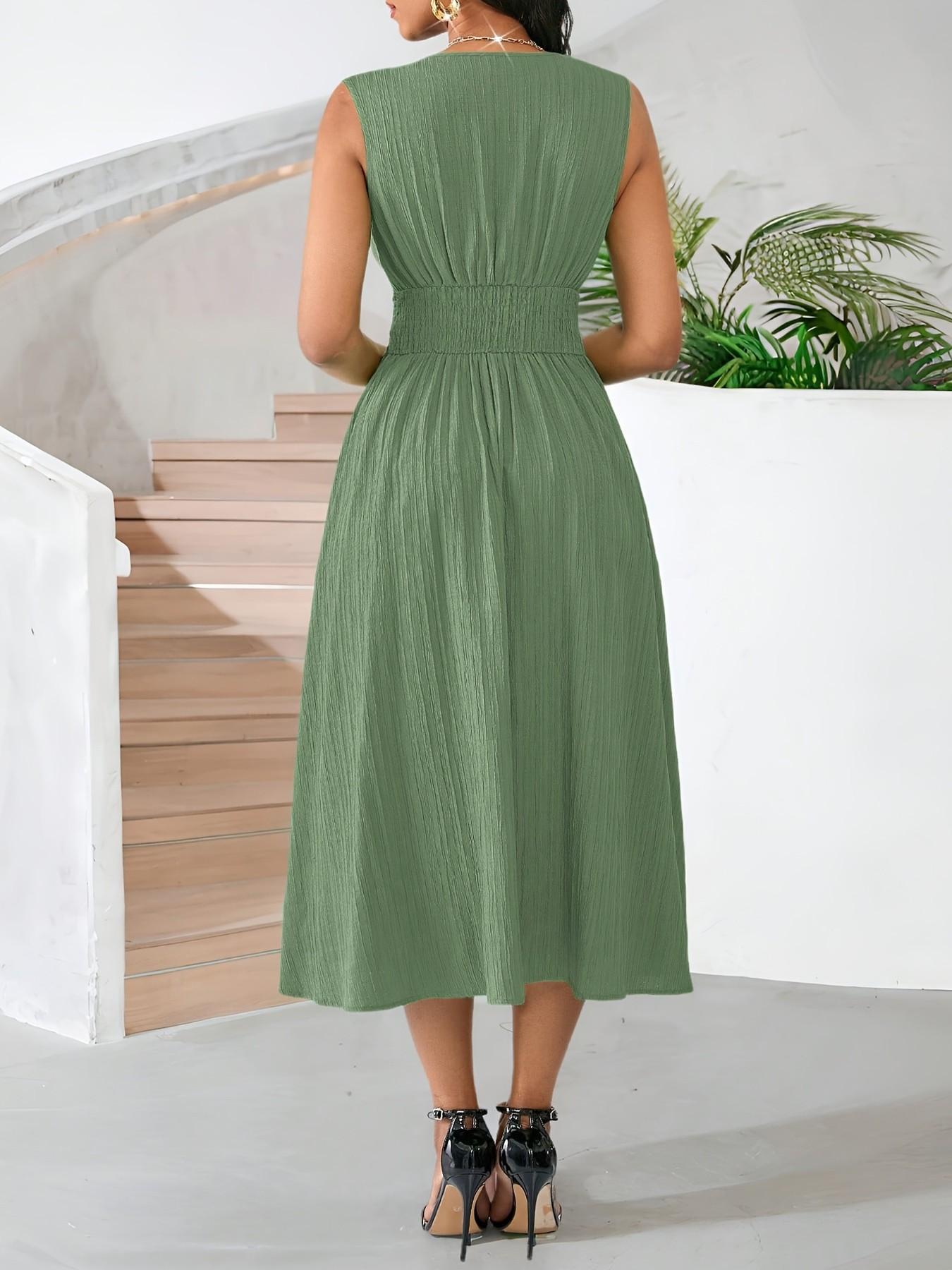 Women's Comfortable Minimalist Sleeveless Textured Ruched Dress for Office Wear & Summer Events