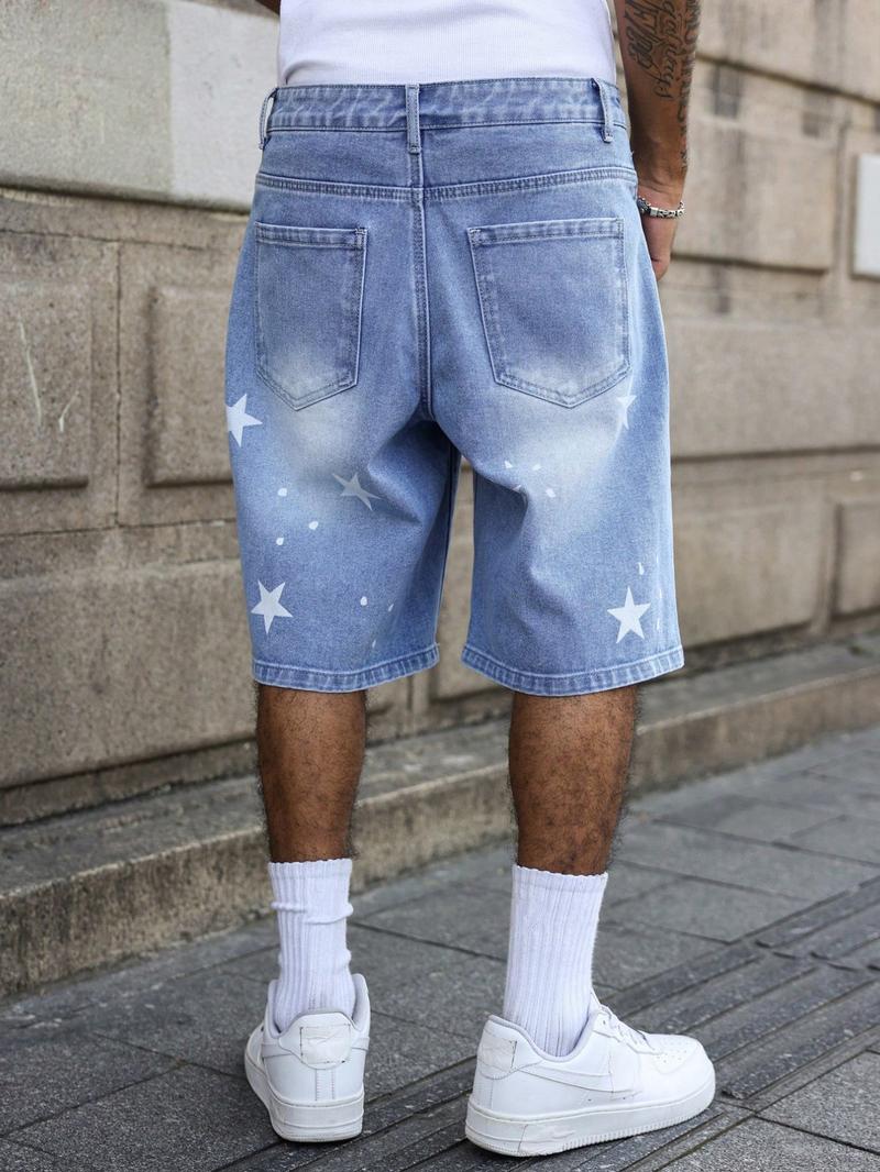 Unisex Star Print Denim Shorts | American High Street Baggy Washed Jorts | Viral TikTok Pick for Street Style, Skate Outings, Y2K Fits, Daily Commute, Music Festivals, Gradient Wash + Star Print + Wide-Leg Fit, TikTok Viral Apparel, Denim Jorts, High Stre