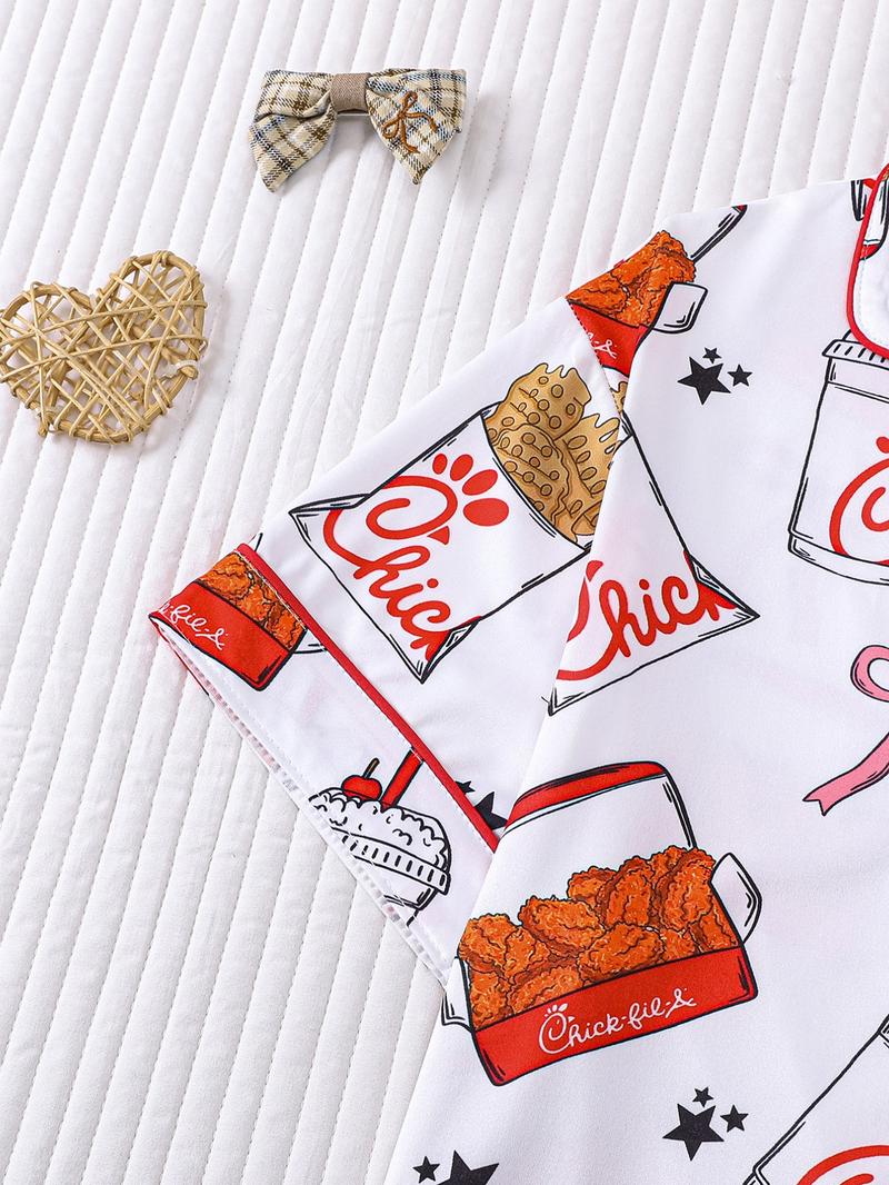 2-Piece Spring/Summer Set: Full-body Fries, Fried Chicken, Bow, Star, Beverage Print Short Sleeve Shorts - Soft & Comfortable Top with Small Pockets, Turned-Down Collar, Elastic Waistband - Suitable for Year-Round Home, Casual, Everyday Wear, Sleepwear