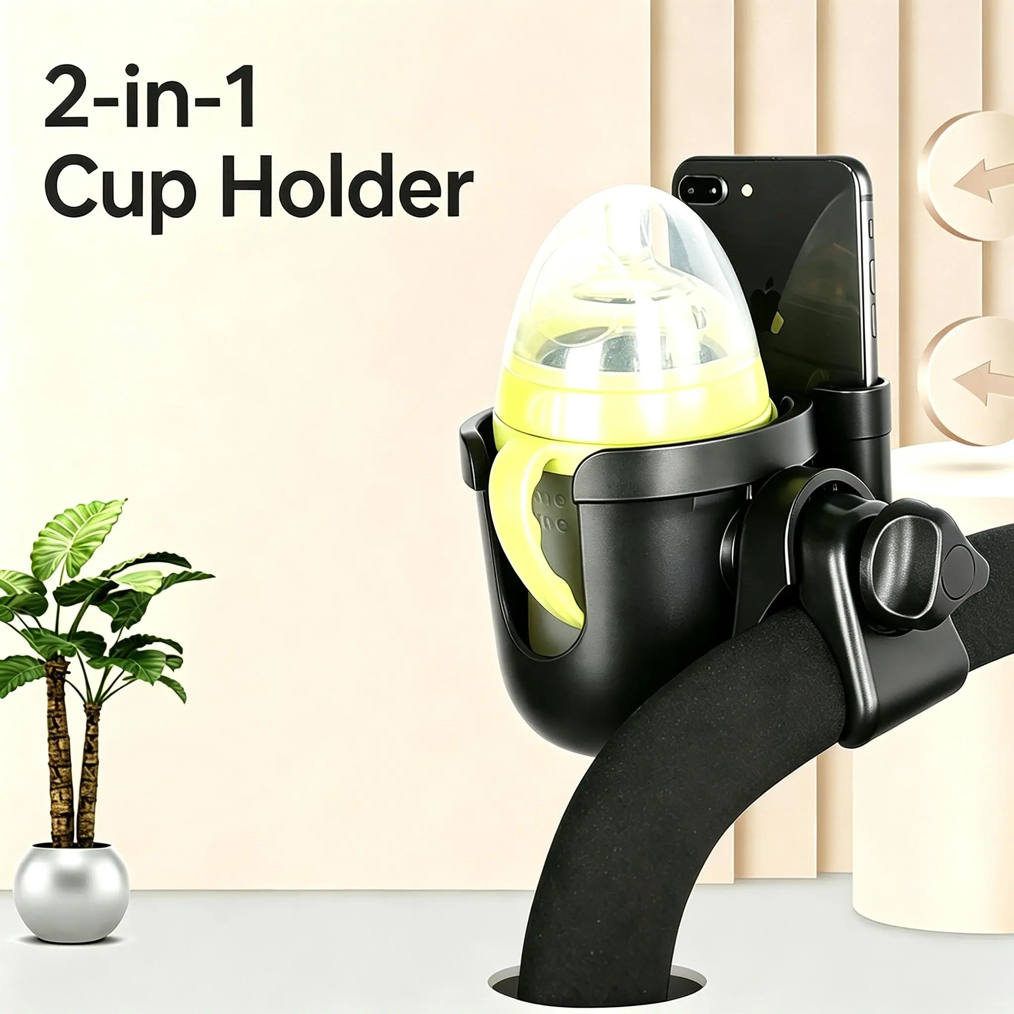 2-in-1 Handbar Cup Holder with Phone Slot, Universal Clamp Mount, 360° Rotatable Anti-Slip Drink Bottle Organizer for Handlebars