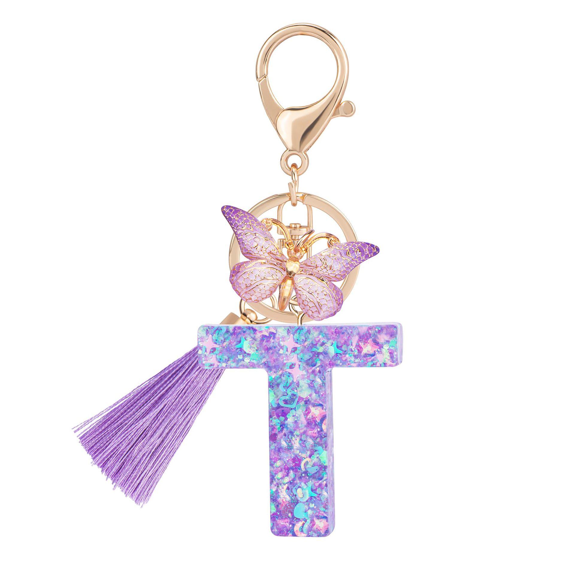 1pc / Initial Letter Keychain Butterfly Key rings Chain Pendant Cute Animal Key Ring Purse Bag Backpack Car Pendant Charm Earbud Case Accessory Women Gift