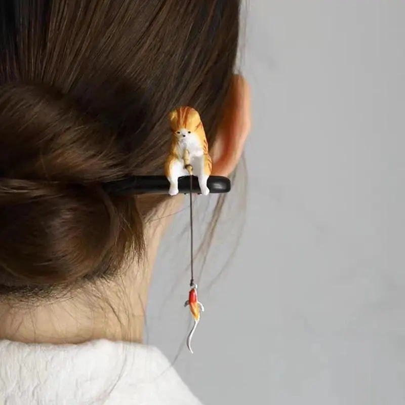Women's Chinese-Style Woody Hair Stick, Cat Fishing Design Hairpin Accessory for Hanfu Wear, Cheongsam Headwear