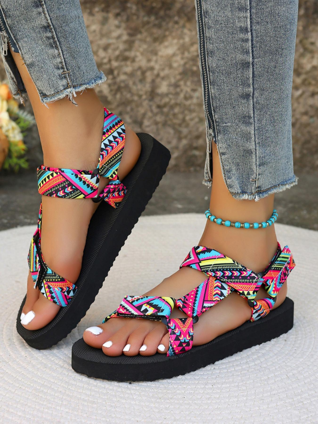 Women's Boho Style Colorful Strap Flat Sandals, Casual Trendy Slingback Sandals, Fashionable Sandals for Summer Beach Vacation, Bohemian Sandals