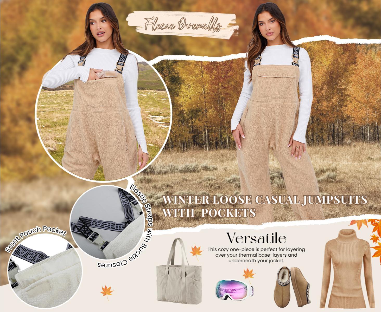 Molitree Women's Warm Fleece Casual Loose Adjustable Winter Jumpsuits Sherpa-Bib Overalls & Ski Pants with Pockets Beige Basic