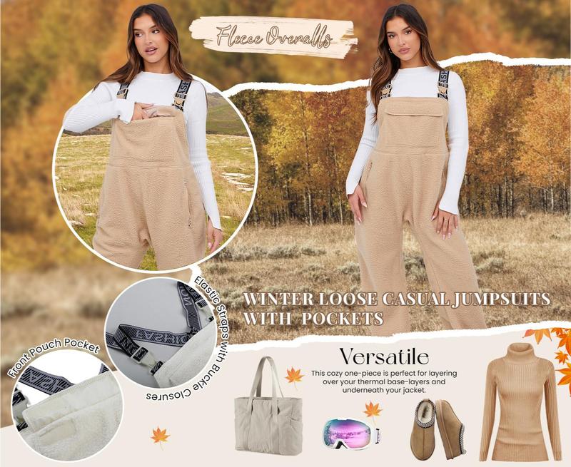 Molitree Women's Warm Fleece Casual Loose Adjustable Winter Jumpsuits Sherpa-Bib Overalls & Ski Pants with Pockets Beige Basic