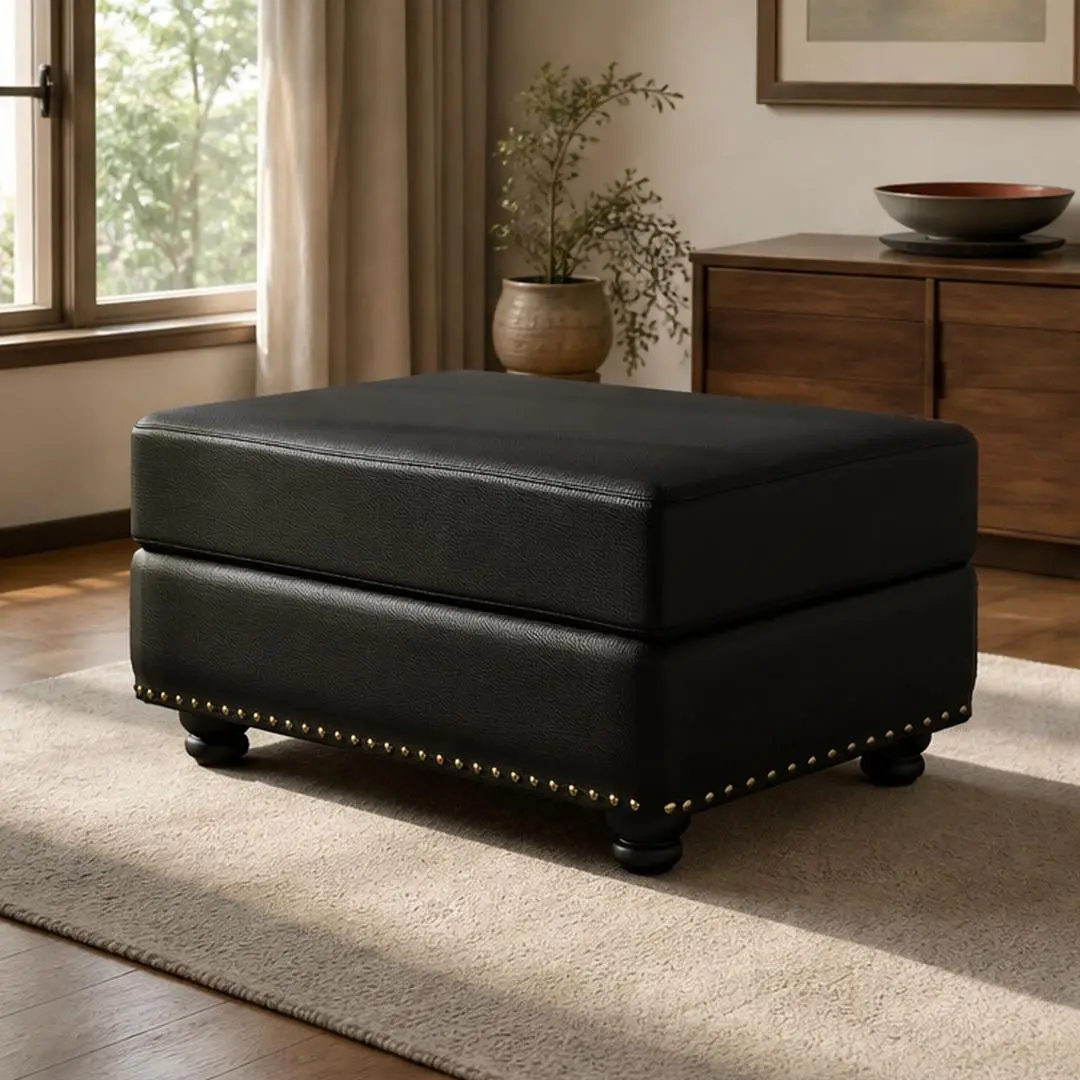 Black Faux Leather Rectangular Ottoman Footstool, Modern Backless Armless Wood Frame Accent for Living Room, Apartment, Office