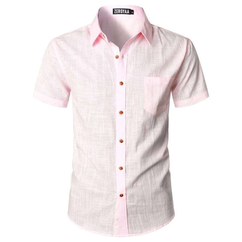 ZEROYAA Men's Fitted Cotton Linen Casual Short Sleeve Button Up Shirts Lightweight Beach Tops with Pocket