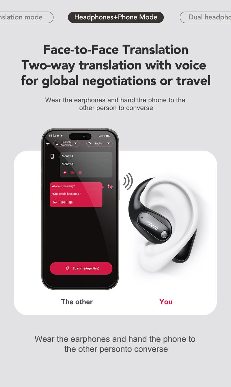 MINISO MS190 Translation Earbuds, Supports Real-Time Translation in 134 Languages With APP, Bluetooth 6.0 Earphones, Audio Wireless Earbuds for Music & Phone Calls, IPX5 Waterproof Sports Electronic Headphones with Long Endurance