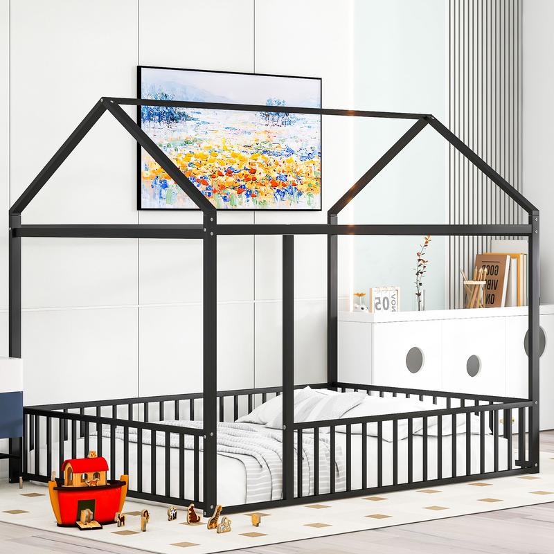Bellemave Full Size Metal House Bed Frame with Fence for Kids Teens Girls Boys Black Playhouse Design 77.5"x55.5"x66.9" Sturdy Metal Frame for Better Sleep and Play Bellemave Full Size Metal House Bed Frame with Fence for Kids Teens Girls Boys Black Playhouse Design 77.5"x55.5"x66.9" Sturdy Metal Frame for Better Sleep and Play