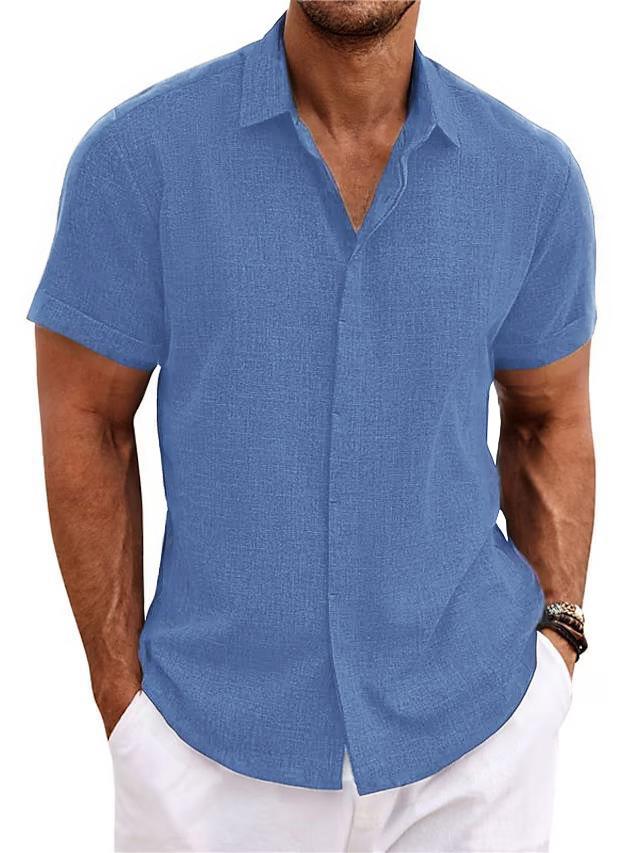 Men's Plain Linen-Polyester Short-Sleeve Button-Down Shirts - Loose-Fitting, Collared Neck, Lightweight, Breathable, Skin Friendly, Street Casual Tops for Daily, Semi-Formal Menswear