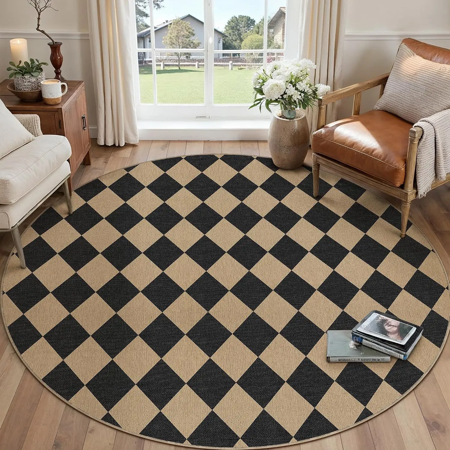 Round Flannel Rug Round 6ft Black Checkered Washable Area Rug Indoor Outdoor |   Easy Jute,Non Slip,Pet Friendly,Indoor Outdoor Use,Living Room,Farmhouse Style