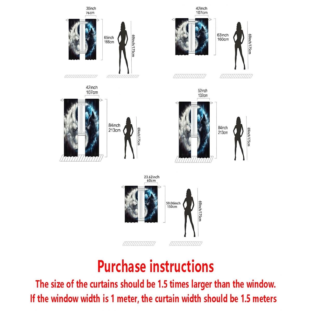 2-Piece & Wolf Cloud Moon Scene Digital Print Curtains, Semi-Transparent Polyester Fabric, Rod Pocket Design, Bedroom Living Room Decor