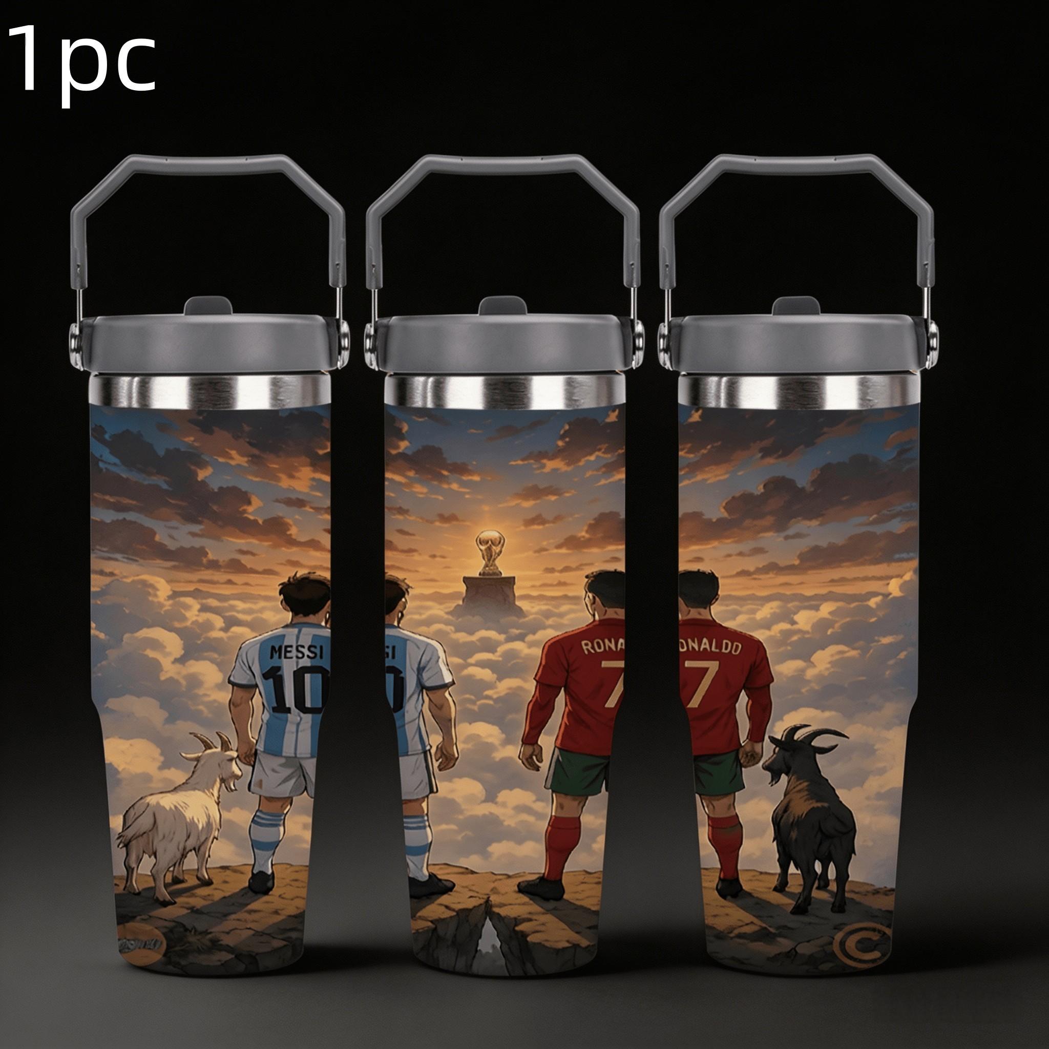 1pc 30oz stainless steel large-capacity car water bottle, featuring Messi and Ronaldo together. for fans of Messi and Ronaldo, football enthusiasts. Multiple patterns are available for selection. Outdoor camping Coffee Cups & Mugs