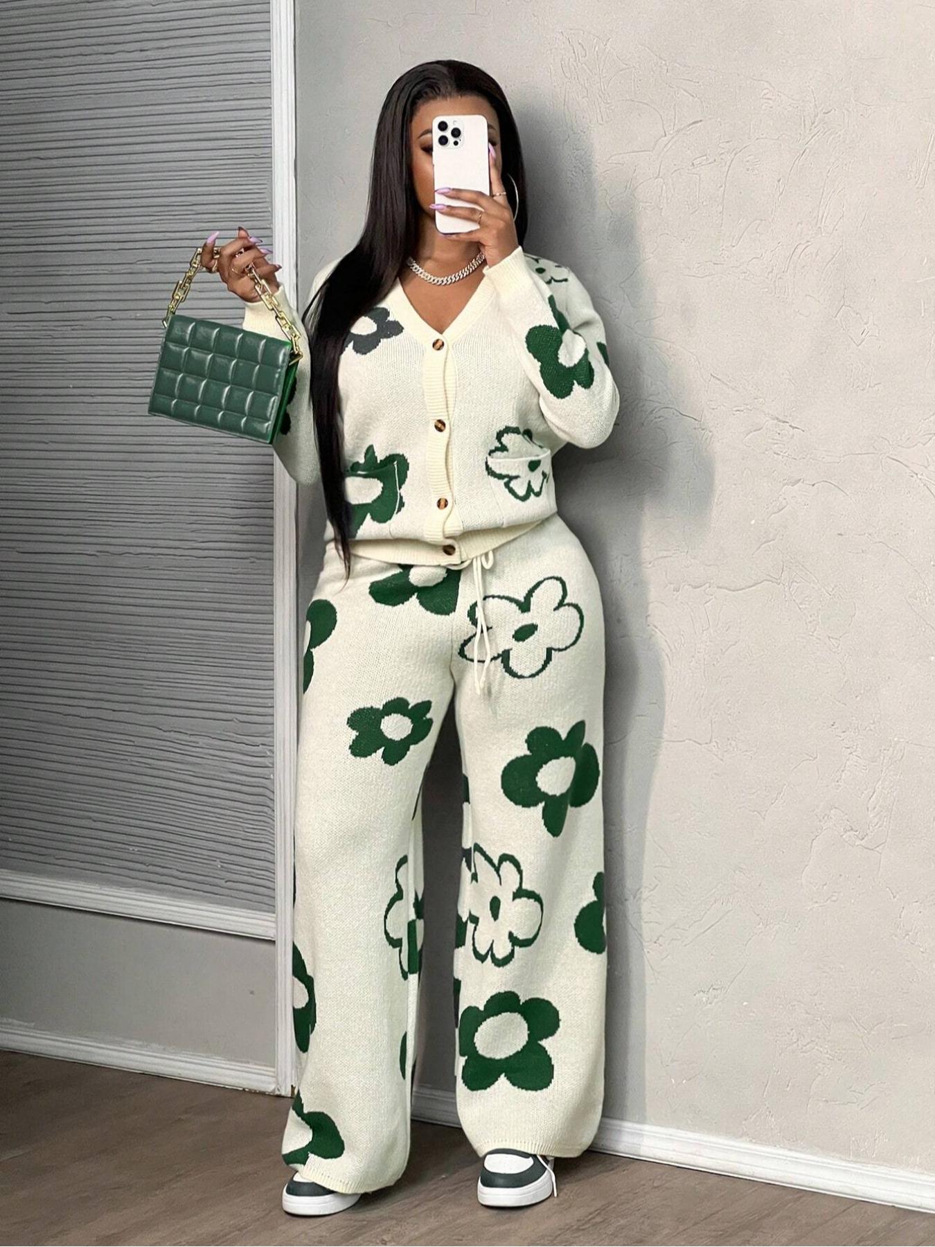 Plus Size Floral V Neck Cardigan Set, Fall & Winter Jacquard Sweater and Knit Pants Two-Piece, Casual Loose-Fitting Style