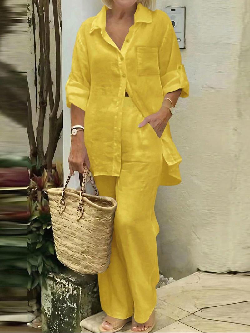 Spring Summer Fall Polo Neck Casual Cardigan Set, Slimming Pure Color Elegant Shirt Top, Vacation Commute Comfort Soft Fabric Pants Two-Piece Suit