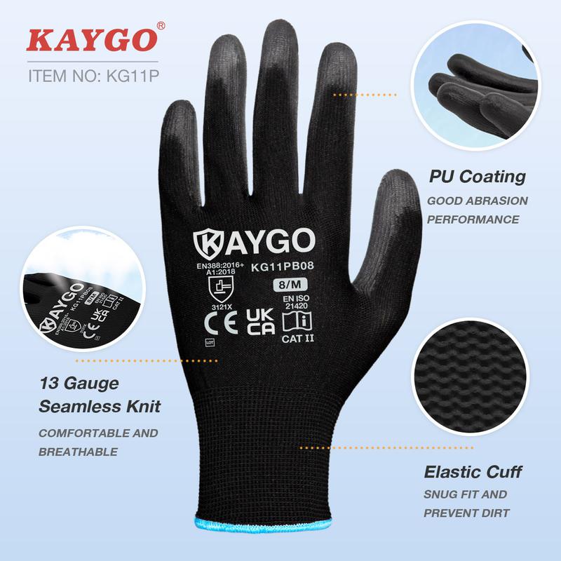 KAYGO Safety Work Gloves PU Coated-12 Pairs, KG11P, Seamless Knit Glove with Polyurethane Coated Smooth Grip on Palm&Fingers, for Men and Women, Ideal for General Duty Work