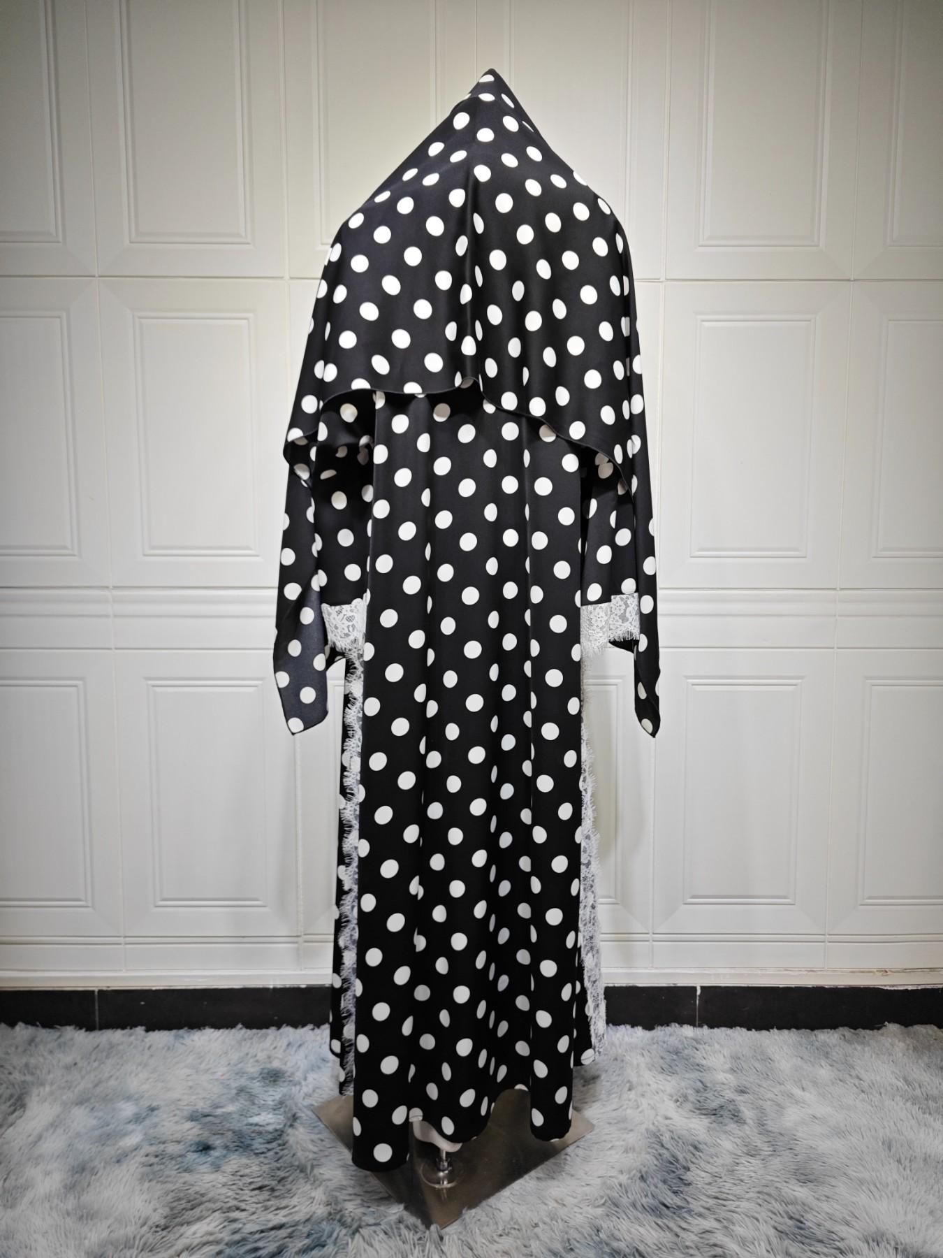 New Muslim Women's Islamic Clothing Vintage Base Polka Dot Lace Patchwork Headscarf Ruffle Sleeve Long Robe 2-Piece Set, Middle Eastern Long Dress with Headscarf