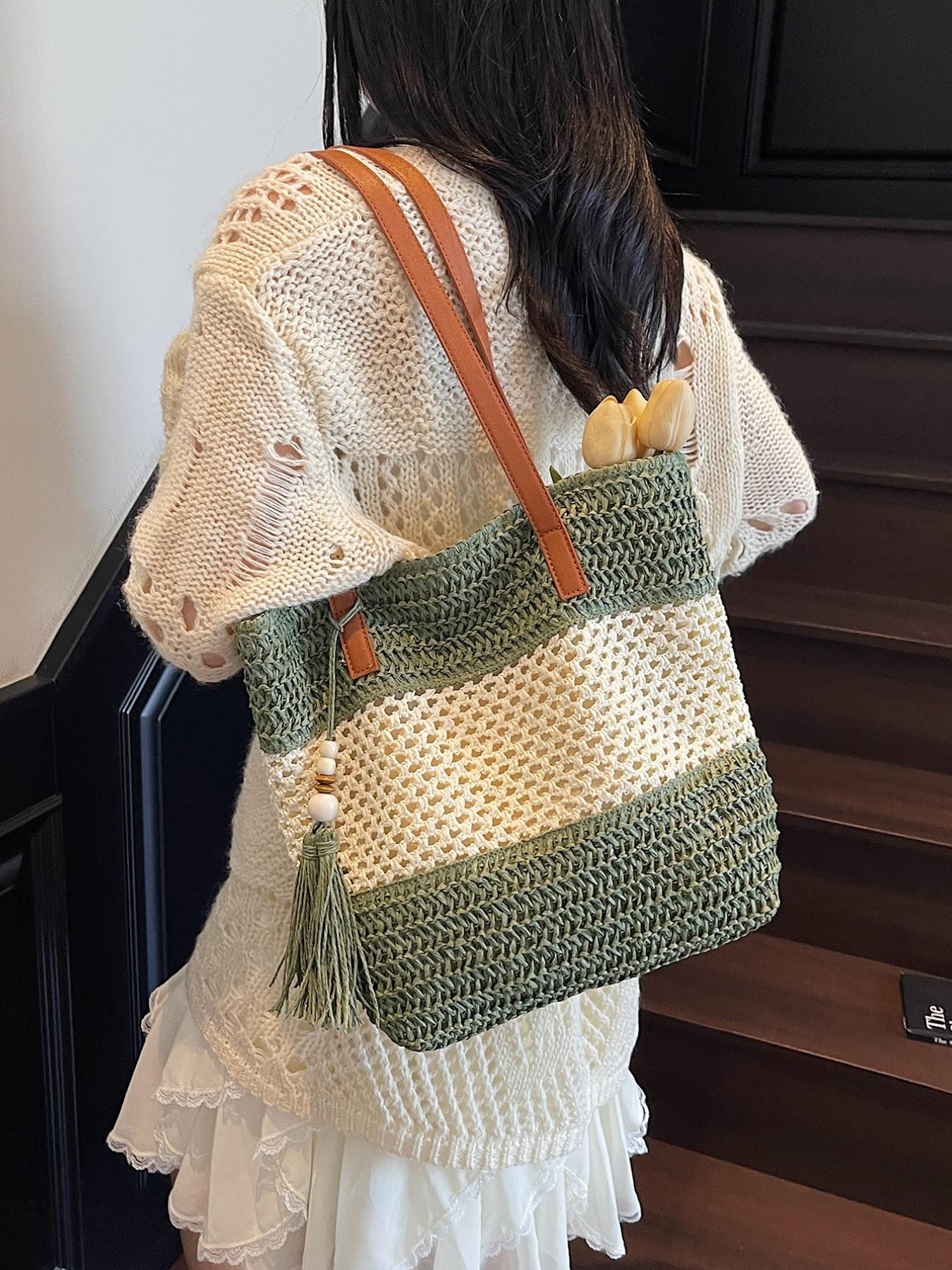 2026 Summer Bohemian Tote Bag, Handwoven Raffia, Leather Strap, Pearl Fringe, Large Capacity, Perfect for Daily Use, Fashionable & Comfortable