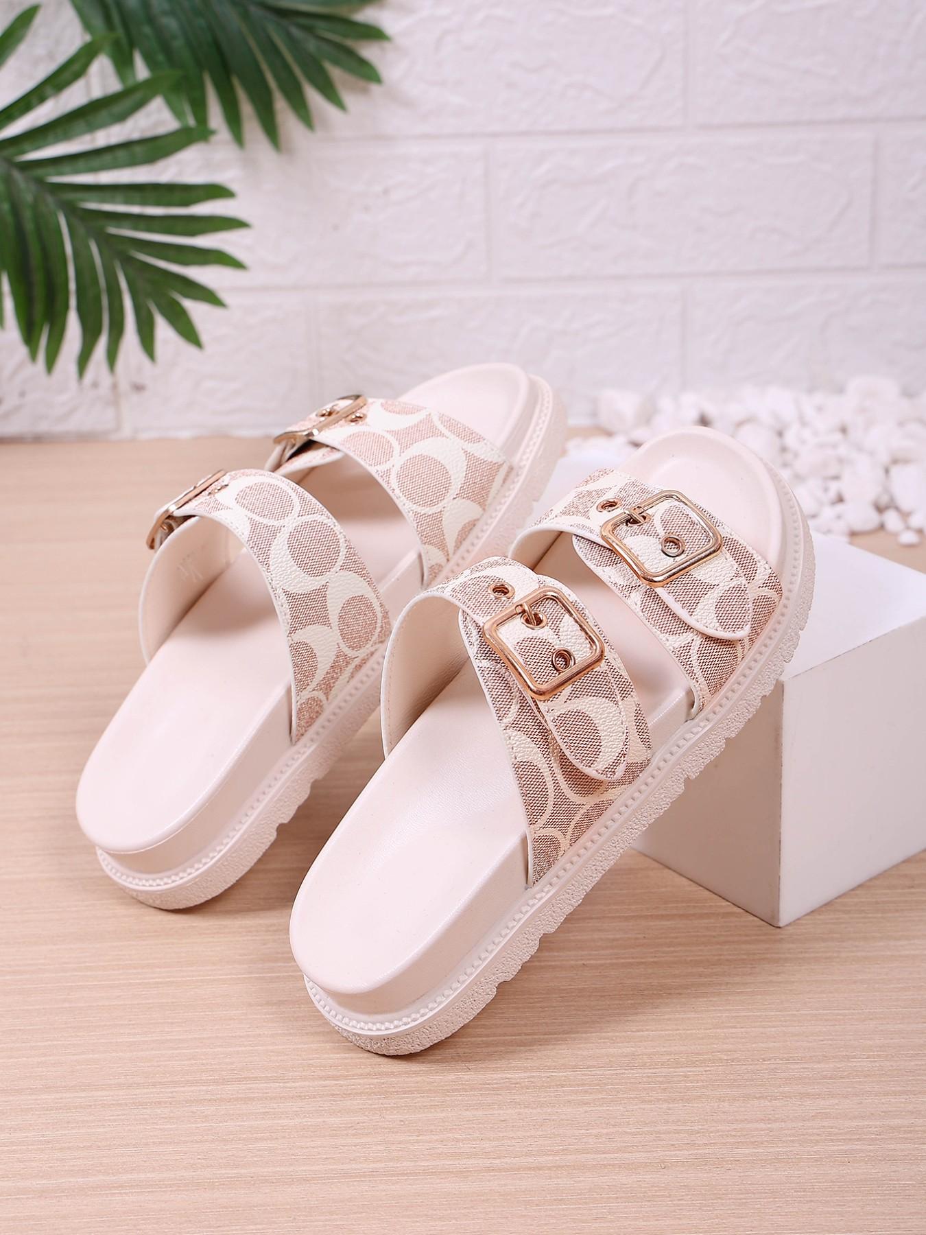 European Style Thick Sole Buckle Sandals for Women, Versatile Plain PU Leather Summer Beach Shoes, Casual Open-Toe Flip Flops